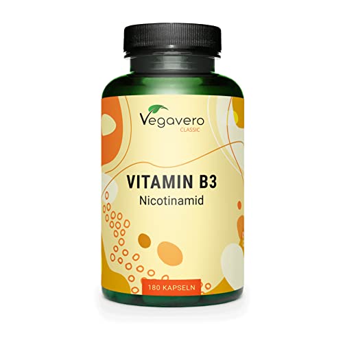 Vitamin B3 Niacin | Hochdosiert: 500 mg Nicotinamid | 180 Kapseln - 6 Monatsvorrat | Haut - Nerven - Energie* | Flushfree| Laborgeprüft | Vegan - Ohne Zusatzstoffe | Deutsche Produktion von Vegavero®