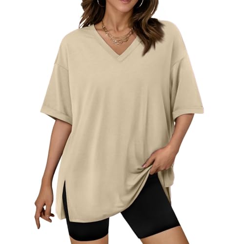 Damen ???? ????????, T-Shirts für Damen Kurzärmliges Schlichte Oberteile Gemütlich V Ausschnitt Tailliertes Oberteil Summer Clubbing Mode Blusen Beige XL