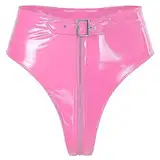 TiaoBug Damen Wetlook Ouvert-Slip String Tanga High Cut Thong High Waist Bikinislip Lack Leder Hipster Glänzend Shorts mit Reisverschluss Gogo Outfits Clubwear Rosa M