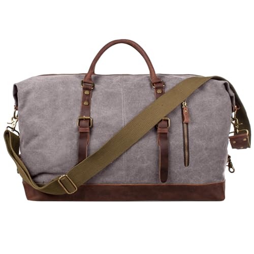 S-ZONE Reisetasche Größere Version Vintage Canvas Leder Trim Unisex Handgepäck Weekender Tadche Sporttasche für Reise Wochenende Urlaub (Hellgrau)