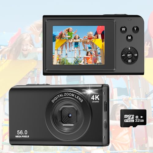 Digitalkamera, AutoFocus 4K Fotoapparat Fotokamera mit 32GB Speicherkarte,16X Digitalzoom，56MP with 2,7" großem Bildschirm, Kompaktkamera Fotokamera für Kinder Einsteiger