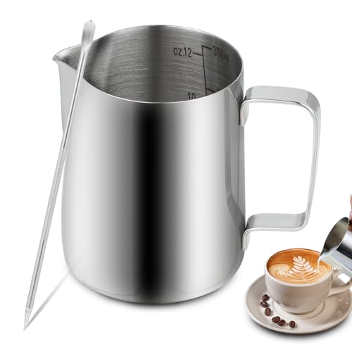 350ml Handheld Edelstahl Milchschaumkännchen mit Skala - Sahnespender edelstahl - Inklusive Latte-Art-Nadel, Geeignet für Baristas zur Zubereitung von Cappuccino, Latte und Espresso (Silber)