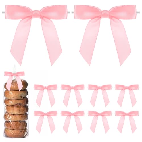 Andibro 50 Stück Satinband Twist Tie Schleifen,7 cm Rosa Vorgebundene Bastelschleifen,Paket Dekoration Schleife für DIY Leckerli-Tüten Pakete Basteln Hochzeit Babyparty Brithday Party