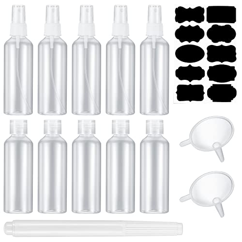 10 Stück 100 ml Reiseflaschen Set(5 x Flip-Cap-Flaschen, 5 x Nebelsprüh Flaschen), Leer Plastikflaschen, Abfüllflaschen zum Befüllen für Reisen, Kosmetik, mit 2 Trichtern, 1 Etikett, 1 Stift