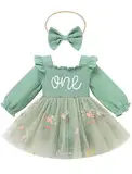 FYMNSI Baby M�dchen 1. Erster Geburtstag Outfit Blumen Langarm Weihnachten Partykleid Hochzeit Bodykleid Prinzessin T�ll Kleid Strampler mit Stirnband Herbst Winter Kleidung Fotoshooting Gr�n 12-18M