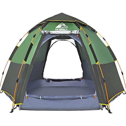 HEWOLF Kuppelzelt 3-4 Personen Campingzelt Wasserdicht Pop Up Zelt UV-Schutz Sekundenzelt Sechseckiges Doppelschicht Firstzelte Familienzelt 4 Saison für Camping Angeln Outdoor Zelt Grün