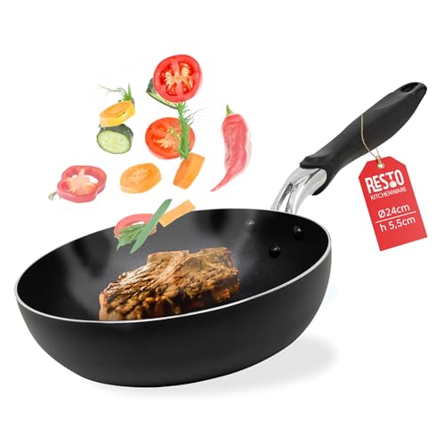 RESTO moderne Wokpfanne 24 cm, Wok, Bratpfanne mit hohem Rand - Antihaftbeschichtung – Ergonomischer Griff mit Aufhängeöse und Antiverformungsscheibe - Für alle Herdarten geeignet, auch Induktion