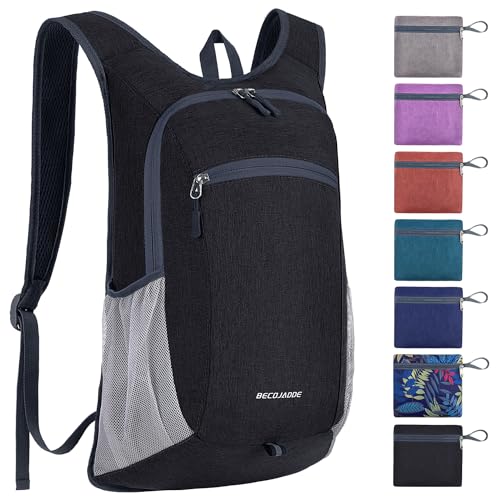 BECOJADDE 15L Faltbarer Rucksack Kleiner Wanderrucksack Leicht Tagesrucksack Damen Herren Daypack Wasserfest Reiserucksack für Outdoor Wandern Reisen Städtetrips, Schwarz