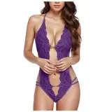 SRZYMJ Damen Sexy Lingerie Sexy Unterwäsche Für Frau Strapsen Spitze Nachthemd Damen Transparent Tüll Spleißen Babydoll Dessous, 2-Teiliges Negligee Set - Rückenfrei Pyjama Mit Schleifen +tanga Lila