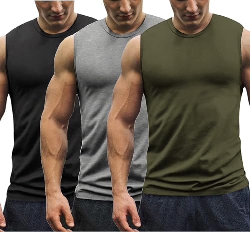 COOFANDY Herren Muskelshirt Tank Top Axelshirt 3er Tankshirt ärmelloses Vest Athletic Unterhemden Laufshirt Trainingsshirt Schwarz/Armee Grün/Grau M