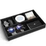 Yocisun Ablage Tablett, Leder Valet Tablett Büro Schreibtisch Organizer Nachttisch Organizer, Taschenleerer Organizer Herren Accessoires für Münzen, Schreibwaren, Schmuck,Schlüssel,Uhr (Schwarz)