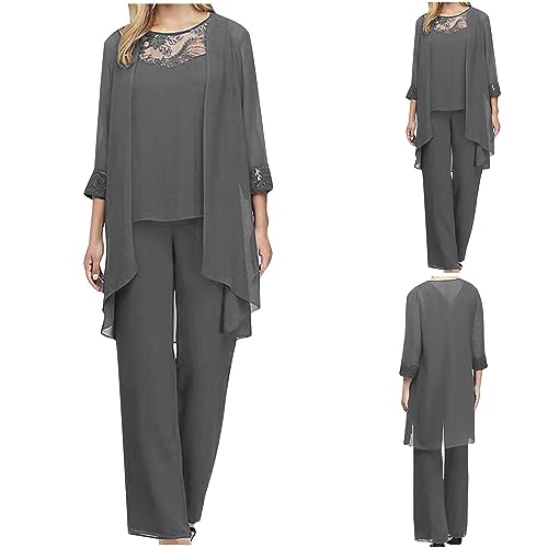 Generic Hosenanzug Damen Chiffon Lose Mode Freizeitanzug Einfarbig Spitze Lounge Set Neues 2024 Kleidungsset Lose Freizeit Hosenanzug Atmungsaktiv Undurchsichtig Outfit Sommer Elegant Anzug (Grau, L)