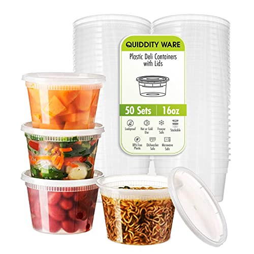 QUIDDITY WARE Deli-Behälter mit Deckel, auslaufsicher, BPA-frei, mikrowellengeeignet, transparent, Premium-Qualität, gefrier- und spülmaschinenfest, 473 ml, 50 Stück