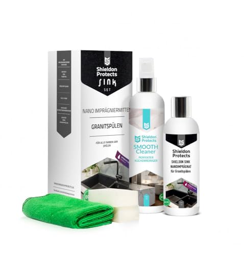 Shieldon Protects 2er Set Reiniger (250 ml) & Imprägnat (200 ml) für Granitspülen - mit Schwämme und Mikrofasertuch - Reinigung & Wasserabweisende Imprägnierung für Granit Blanco Silgranit Spüle