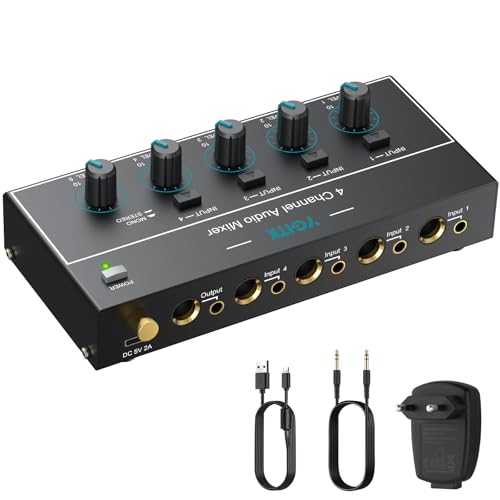 YGiTK Audio Mixer 4 Kanal Stereo Audiomischer 6,35 mm+3,5 mm Mini-Audiomischer 4 Eingänge & 1 Ausgang, Type-C Aufladen, Ultra Niedrig Noise, mit Lautstärkeregelung