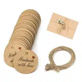 100 Stück Geschenkanhänger Handmade with Love Anhänger Kraftpapier Rund Tags, 3cm Labels mit Jutekordel 20 Meter, Dekorative Hängeetiketten für Geschenke und DIY-Projekte