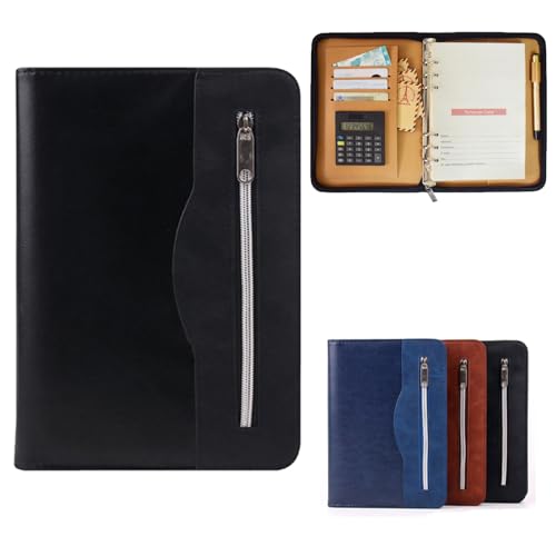 Marte Vanci A5 Padfolio mit Taschenrechner, PU-Leder, Business-Portfolio, Reißverschluss, Konferenzmappe, Organizer, 6 Ringe, liniert, Notizbuch, Ordner, Reisetagebuch, Geschenk für Männer (schwarz)