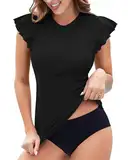 WOWENY Surf UV Shirt Damen Wasser Rüschenärmeln Schwimmshirt mit 1/4 Reißverschluss Bademode Rash Guard Badeshirt Tankini Oberteil Damen Einzeln B-Schwarz S