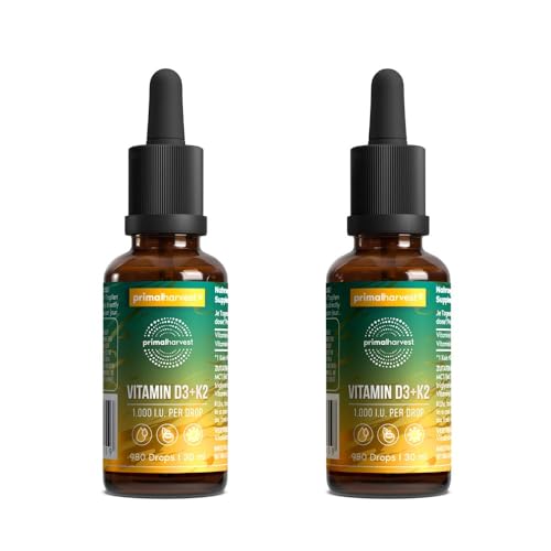 Primal Harvest D3 & K2 Tropfen - Nahrungsergänzungsmittel-Multivitamintropfen mit MCT-Öl, flüssiges Vitamin mit Tropfflasche, für Männer und Frauen, 2 Stück (1960 Portionen)