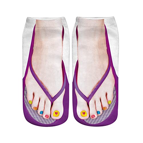 2025-3D Muster Maniküre Print Socken Flip Flop Lustige versteckte Laufsocken Damen Personalisiert Low Cut Anime Socken Damen 35-38 (Purple, One Size)