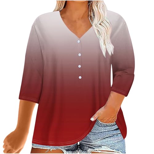 Keepink Damen-T-Shirt, 3/4-Ärmel, halber Knopf, V-Ausschnitt, Tunika, Tops, Baggy, einfarbig, Arbeit, elegante Hemden, Sommer, Herbst, Pullover, Bluse, Übergröße, Tops für Damen, 46-54, 22 x Rot, 40