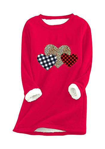 Yming Frauen Rundhals Pullover Winter Nachahmung Lammhaar Sweatshirts Herz Pullover Rot XXL