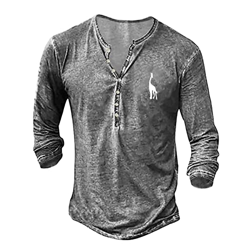 Herren Sommermode Retro alt Basic Knopfleiste klein Bedruckt Langarm Shirt T-Shirt Arbeitsshirts Herren leichte Henley-Oberteile für Fitnessstudio, Laufen und Freizeitausflüge