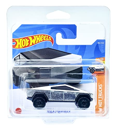 Hot Wheels Tesla Cybertruck (Silbermetall) 3/10 HW Hot Trucks 2022 – 49/250 (kurze Karte) *** Wird in einer Klasse Autohalterung Schutzhülle geliefert *** HCV57