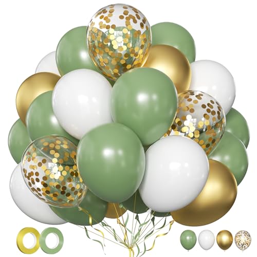 Luftballons Grün Gold Weiß 50 Stk 12 zoll Luftballons Geburtstag Eukalyptus Salbeigrün Weisse Gold Metallic Ballons Konfetti Ballons für Hochzeit Baby Shower Kommunion Taufe Jugendweihe Deko