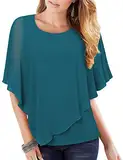 Vafoly Damen Business Casual Elegant Chiffon Bluse Doppellagige Tunika-Oberteile zu Tragen mit Leggings Ausgestellter Kurzarm Sommer Hemd und Bluse Fließende Poncho-Shirts Dunkler Cyan L