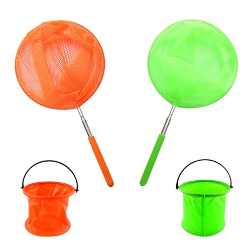 RYAN 2 Stücke Kescher Kinder + 2 Stücke Faltbarer Eimer Teleskop Käscher Schmetterlingsnetze Kinder Fischernetze Fangen für Fangen von Insekten Angeln Outdoor Gartenaktivitäten (2 Farben)