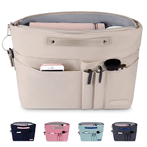 HyFanStr Handtaschen Organizer mit Reißverschlusstasche, Wasserdichter Polyester Tasche in Tasche in Tasche Organizer taschenorganizer, Innentaschen für Handtaschen Beige (M)