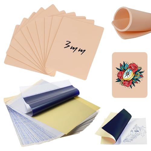 25 Stück Kunsthaut Tattoo Übungshaut 3MM und Tattoo Stencil Papier, 19 x 14cm Blanko Tattoo Übungshaut Doppelseiten Gefälschte Tattoo Haut für Anfänger und Künstler, Blank Fake Skin Silikon polsterung