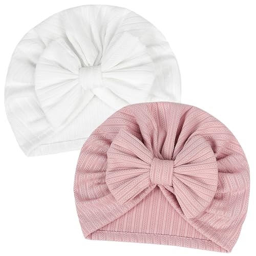 2 Stück Babymütze, weiche elastische Baby-Turban-Babymützen für Mädchen und Jungen, Krankenhausmützen für Neugeborene, Kleinkinder (Rosa/Weiß)