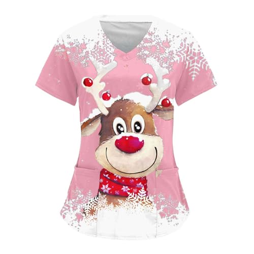 OUMSHBI Weihnachts Kasack Damen Pflege V-Neck Kurzärm Weihnachts Drucken Medizin Damen Pflegebekleidung Mit Zwei Taschen Atmungsaktiv Weihnachtsoutfit Damen Kostüm Schlupfkasack Altenpflege Baumwolle