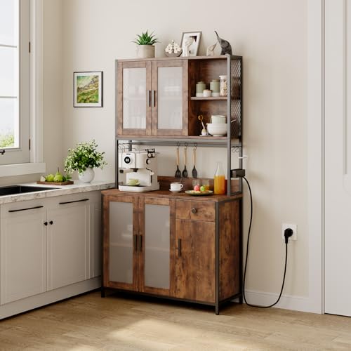 Dripex Küchenschrank 181cm Hoher Buffetschrank mit Arbeitsplatte, mit Steckdosen, Vorratsschrank Küche mit 5 Türen und eine Schublade, Hochschrank Küche für Wohnzimmer Esszimmer Bar, Industrie-Design