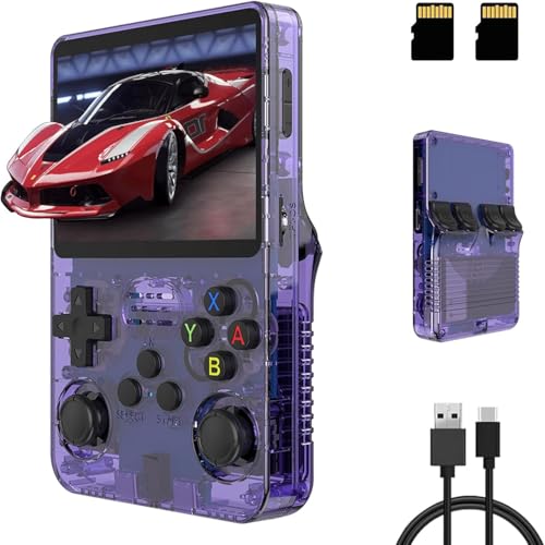 R36S Tragbare Spielekonsole, doppelter Joystick, 3D-Konsole, Retro-Gaming-Konsole, 3,5 Zoll, IPS-Display, integriertes Linux-System, Open Source 15000+ Klassische Spiele, TF-Karte 64 G (Purpur)