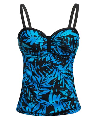 Talisea Damen-Tankini-Top mit Bügel, Bauchkontrolle, Badeanzug, Top, Push-Up-Badeanzug, Oberteil ohne Unterteil, Blau-schwarze Blätter, Large