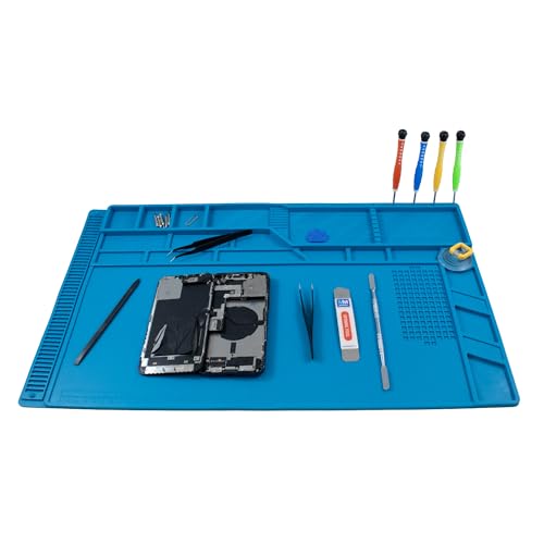 MMOBIEL Reparatur- und Lötmatte Silikon - 55 x 35 cm – Silikonmatte Hitzebeständig bis 500°C - Werkbankmatte für Lötarbeiten, Handy-, Computer- und Elektronikreparaturen - Silikon-Lötmatte – Blau