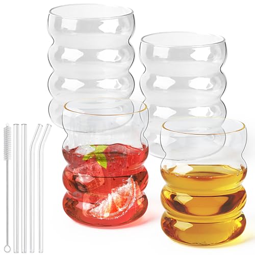 Geriffelte Trinkgläser mit Glasstrohhalmen, Set aus 4 Stück 350 ml Eiskaffee-Gläser, Wellen-Gläser,Tumbler,Wassergläser,Longdrink-Gläser,Trinkgläser für Cocktails,Wasser,Limonade,Geschenk mit