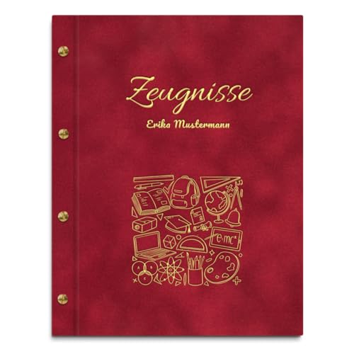 Personalisierbare Zeugnismappe in roter Samtoptik mit eigenem Namen und Motiv - inkl. 12 Sichthüllen - Goldener Aufdruck mit individuellem Motiv selbst gestalten
