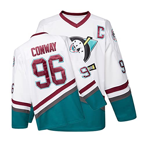 Mighty Ducks Jersey Movie Eishockey Trikot S-XXL Charlie Conway #96 Adam Banks #99 90S Hip Hop Kleidung für Party, #96 Weiß, Mittel