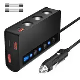 (7 in 1) Zigarettenanzünder Verteiler Auto Adapter 12V: 180W KFZ Ladegerät 3 Steckdose 24V Mehrfach Splitter DC mit LED Voltmeter Schalter 4 USB Anschlüsse 6.8A für alle Handys GPS Autokamera usw