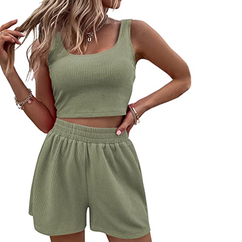 Geagodelia Damen Zweiteiler Sommer Hosenanzug Elegant Outfits Kleidung 2 Teiler Set Crop Tank Top + Shorts Y2k Aesthetic Clothes Workout Sport Anzug (A - Grün, M)