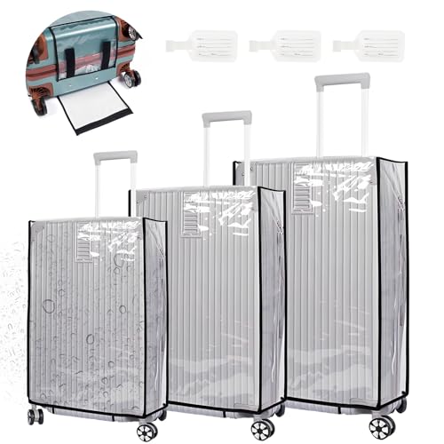 MAOMUN 3 Stück Klarer Kofferschutzhülle mit 3 Koffer überzieher, wasserdichte PVC Kofferhülle Koffer Schutzhülle 20/24/28 Zoll, Kofferschutz Kofferüberzug Schutzhülle für Travel Business(Schwarz)