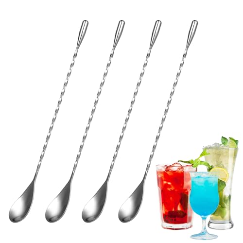 4 Stück Barlöffel – Lange Löffel – Cocktail Löffel, Edelstahl, Longdrink Rührer mit Spiralmuster und Spiegelpolitur, Stilvolles Design, Perfekt für Martinis, Cocktails, Kaffee und Shaker