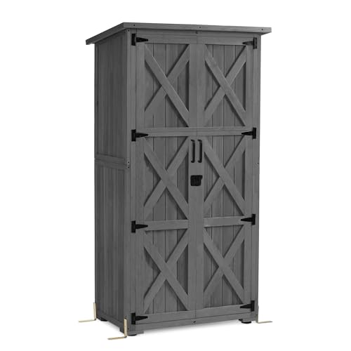 M MCombo Gartenschrank Holz, Gartenhaus Klein Wetterfest, Outdoor Gerätehaus Geräteschuppen, für Außenbereich Balkon Terrasse, 55×90×169cm, 0878EY-F (Grau)