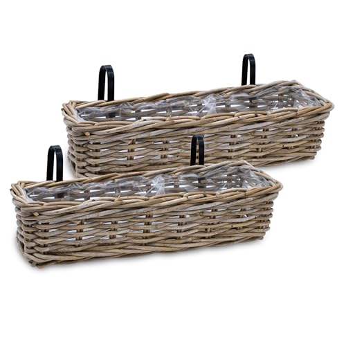 Rattan Balkonkasten Natur 60 x 20 cm - 2er Set - Weide Pflanzkorb mit Halterung - Balkon Garten Blumenkasten Pflanztopf Blumenkorb zum Einhängen an Geländer