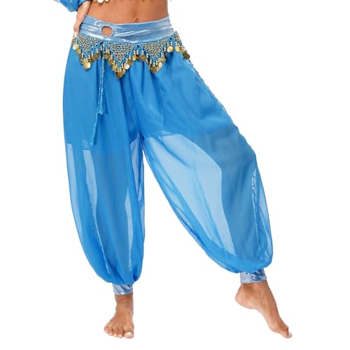 CHICTRY Damen Bauchtanz Haremshose Chiffon Tribal Arabisch Hose Pailletten Leggings High Waist Pumphose Für Bauchtanz Yoga Pilates Party Himmelblau Einheitsgröße