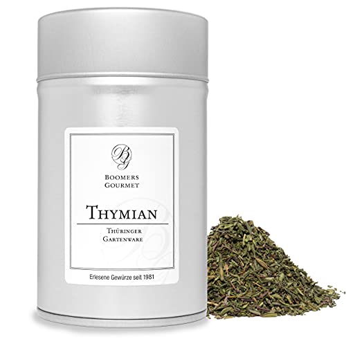 Boomers Gourmet - Getrockneter Thymian aus Thüringen – Thymian gerebelt – Aromatisches Thymian Gewürz – Naturgewürz aus Deutschland – Boomers Gourmet - Gewürzdose 11,5 cm - 30 g